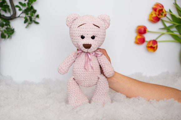 Rankų darbo pliušinis meškiukas 35cm (Rožinis) - Pasaulio Siūlai